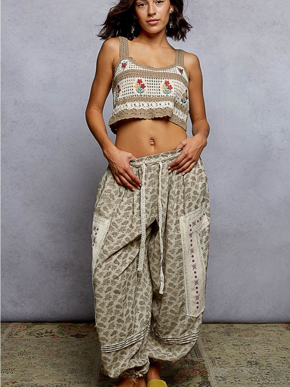 NWT POL Boho Wide-Leg Drawstring Pants in Beige Medium